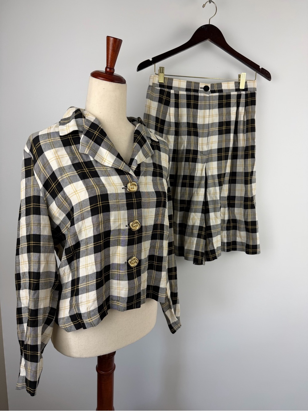 Vintage Lindsey Scott Plaid Black & Cream Midi Skirt - Classic Check Pattern